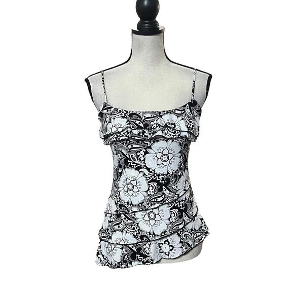 VTG Y2K A Byer White & Black Floral Ruffle Layered Asymmetrical Hem Cami Top M/S - Picture 3 of 7